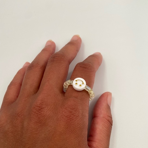 Handmade Trendy Y2K Inspired Smiley Face Glass Bead Stackable Stretch Ring - Picture 3 of 5